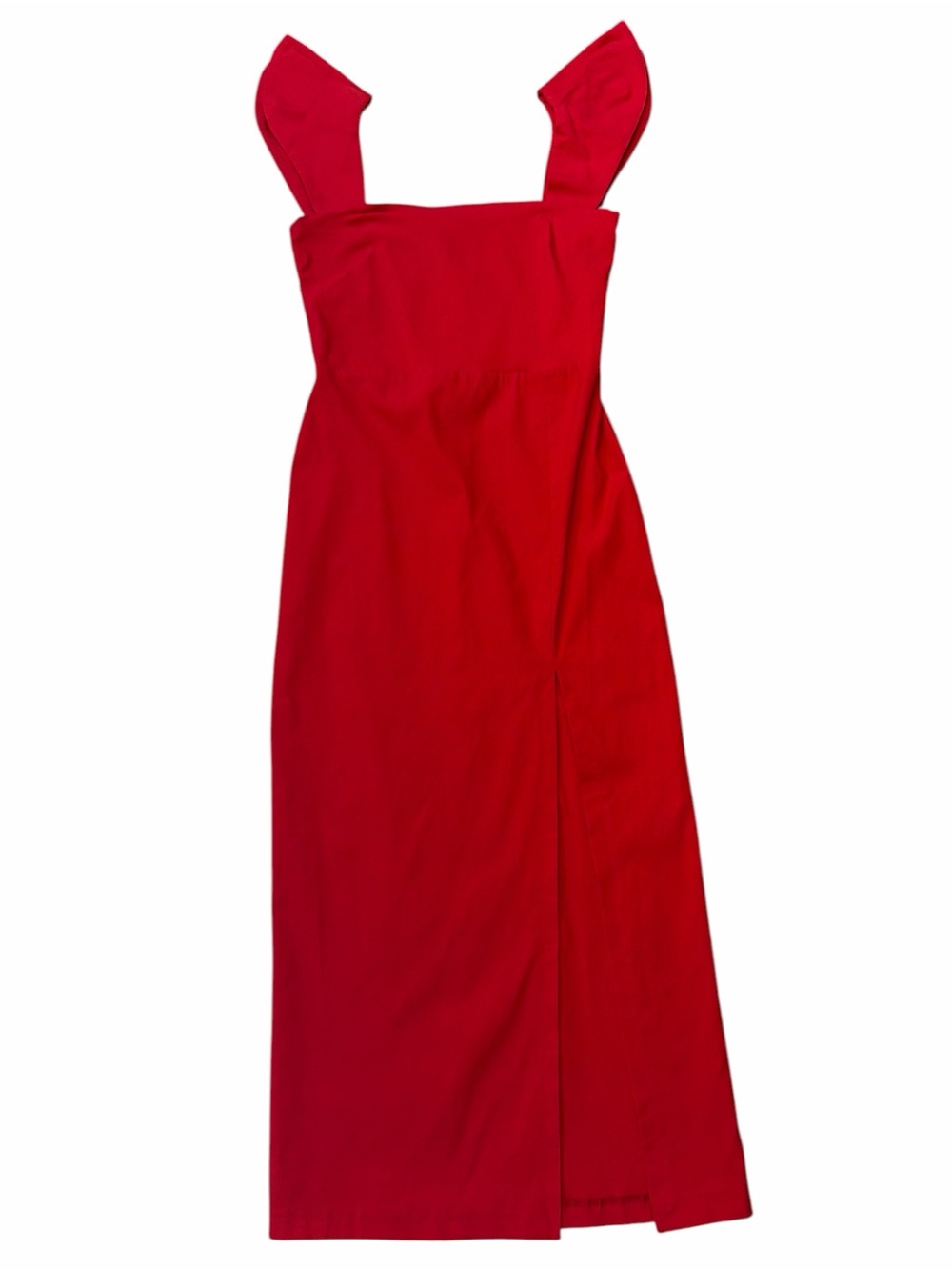 Vesper Red Square-Neck Midi Dress with Ruffle Shoulder Straps and Side Split